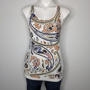 Boston Proper white orange blue fully beaded front tank top S